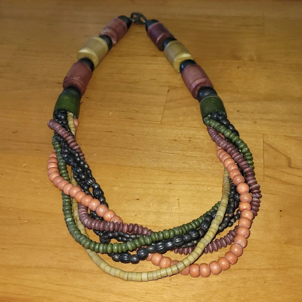 Chunky Multi Strand Wood Bead Necklace Earth Tone Boho Statement 23 Inch vtg
